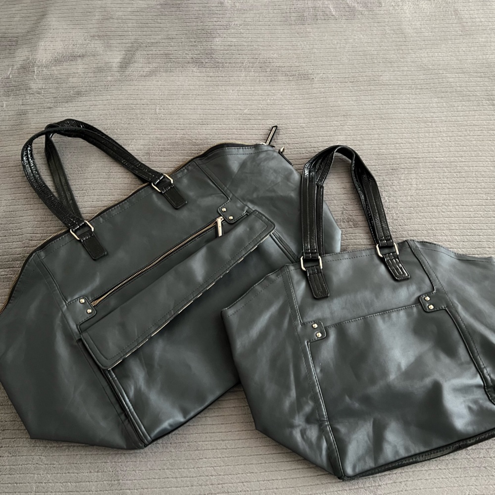 VIctoria’s Secret Black Vinyl Weekender Overnight Travel Shoulder Bag - Set of 2